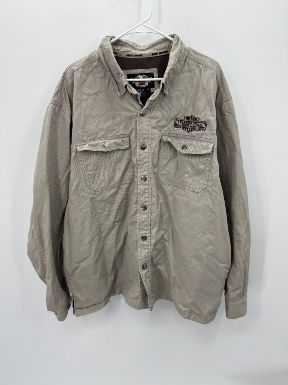 Harley-Davidson Canvas Snap-Front Riding Shirt Jacket Mens 2XL Khaki Embroidered